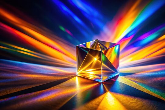 A multifaceted crystal prism refracts vibrant light rays, casting a spectrum of colors onto a reflective surface, creating an abstract visual display of radiant energy