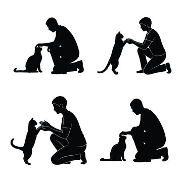 Interactive pet care silhouette set: veterinary & grooming human-animal bond vector icons