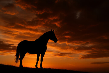Horse silhouette sunset dramatic sky cloud horizon meadow twilight, lone stallion standing on grassy ridge, backlit by orange dusk light and stormy clouds