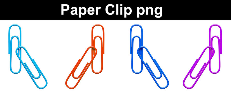 Four colorful paper clips in cyan, orange, blue, and pink isolated on transparent background