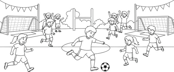 Obraz premium Kids playing soccer on field with goal posts