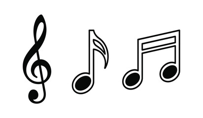 Three black musical notes on a, treble clef and eighth notes