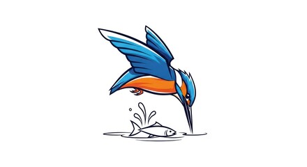 Obraz premium Kingfisher diving for fish in blue and orange, minimal illustration