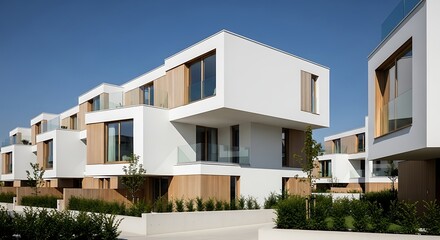 Fototapeta premium Elegant Suburban House Welcoming Modern Design in a Lush Landscaped Neighborhood Under Bright Summer Sunlight