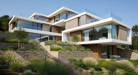 Modern Luxury Real Estate Architecture: White and Wood Exterior Building for Property Sales, Agent Listings, and Architectural Visualization
