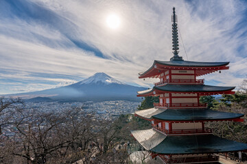 Chureito pagoda with Mt Fuji in the background, iconic travel destination in Japan, winter tourism, landscape