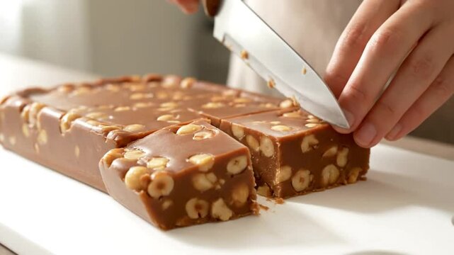 Cutting a decadent homemade hazelnut chocolate candy bar into delicious bite-sized pieces on a cutting board