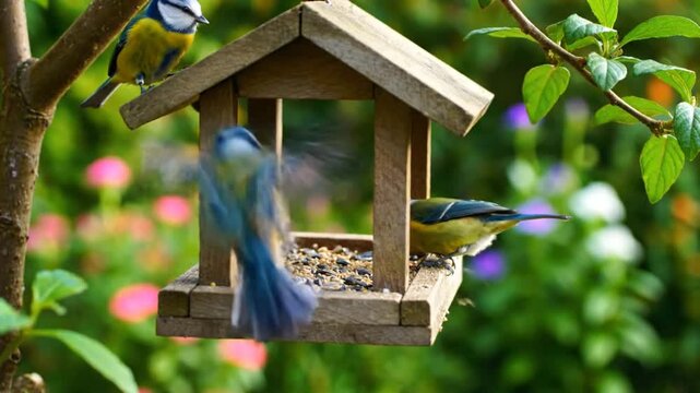 Blue Tits Gather at a Wooden Bird Feeder in a Lush Garden, Feeding on Seeds with Colorful Background