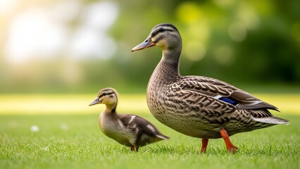 Fototapeta premium Mother's day tribute a mother duck and her duckling in a serene natural setting