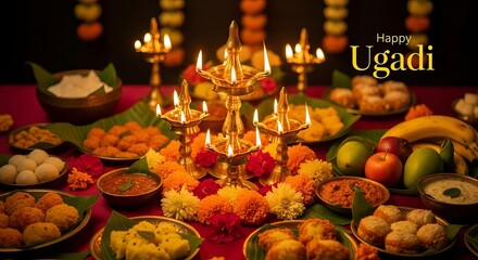 Traditional ugadi feast with various dishes, fresh fruits, and oil lamps on table