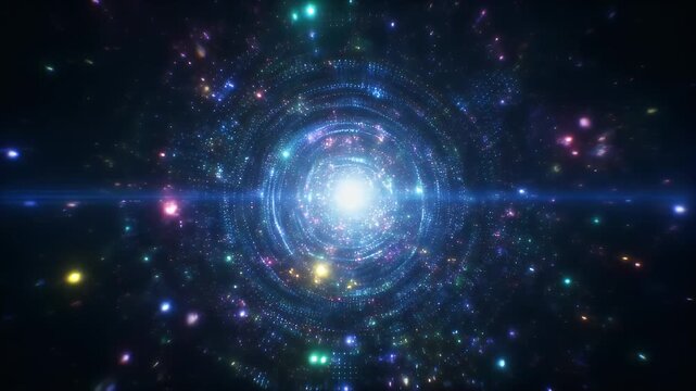 A vibrant cosmic display with a central radiant source. Spiraling patterns surround and lead into the light, with twinkling celestial objects