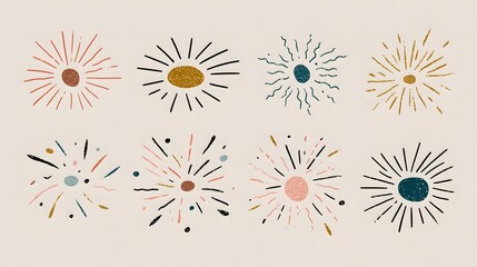 Obraz premium Colorful hand drawn starburst shapes arranged in abstract decorative composition.