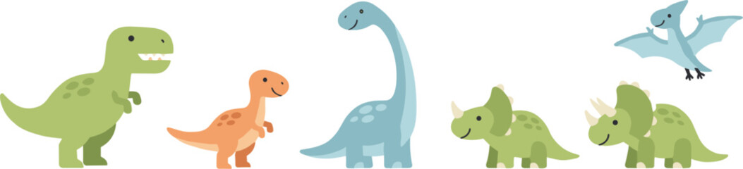 Cute Dinosaur Cartoon Set with T Rex Triceratops and Pterodactyl Isolated on White Background Vector Illustration © SainurRahman