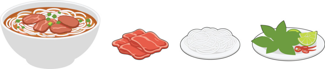 Pho Ingredients Set with Noodle Soup Beef Rice Noodles and Fresh Herbs Isolated on White Background Vector Illustration