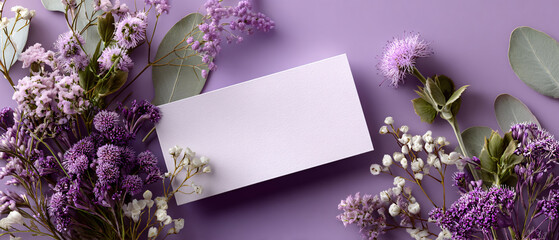 Stationery mockup for invitations and greetings on a purple background with flowers