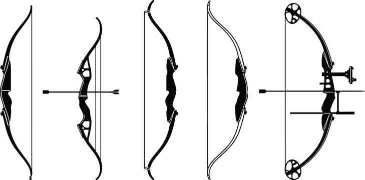 Archery Bow Silhouette Set, Traditional and Modern Bows Collection with Arrows, Black Vector Illustration for Sport, Hunting, Target Practice Design