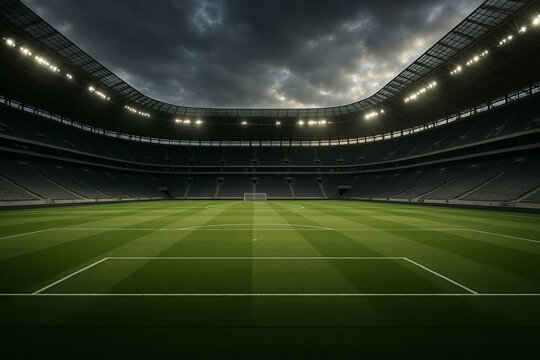 Large modern soccer stadium empty seat wide football pitch dramatic sky, evening floodlight glow over green grass and goal, moody storm cloud creating tense atmosphere