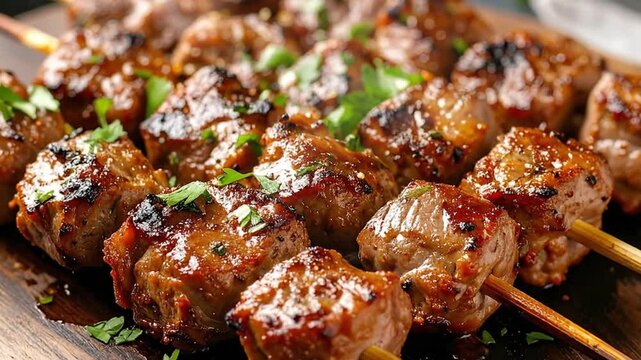 Delicious grilled meat skewers, a culinary delight, served on a wooden platter with fresh herbs.