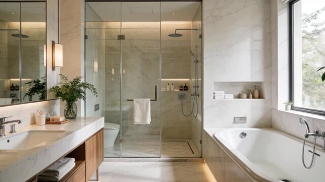 Modern bathroom interior featuring clean white tiles, a luxury bathtub, and a contemporary glass shower with a sleek sink and mirror in a new home design