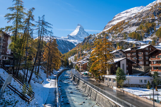 Matterhorn view from Kirchbruecke bridge over Vispa river. Zermatt, Canton of Valais, Switzerland.
