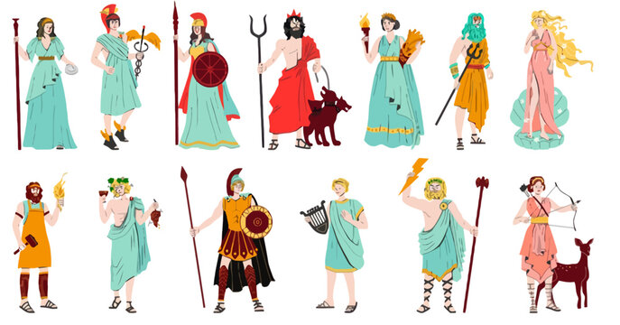 Ancient Greek Gods and Goddesses Flat Vector Illustration Set