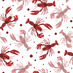 Red lobsters seamless pattern on a white background. Ideal for seafood-related designs, restaurant branding, kitchen decor, textile, or marine-themed artistic projects. Hand drawn watercolor