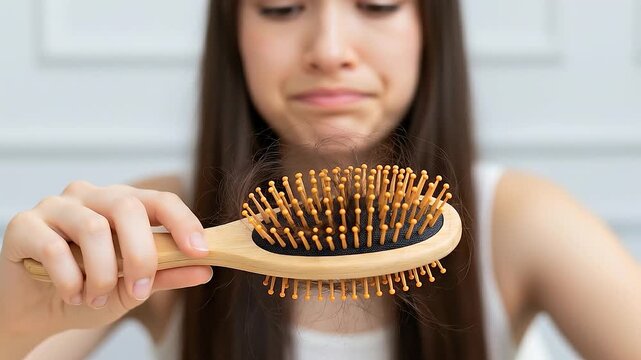Woman holding a hairbrush with tangled hair on it looking concerned about hair loss or damage