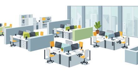 Obraz premium Modern open plan office with cubicles and desks.
