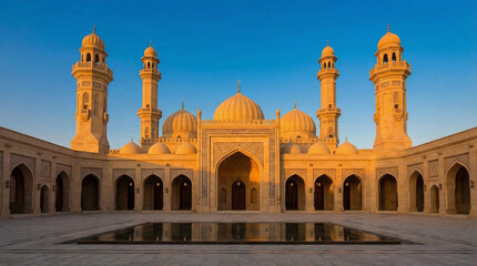 Mosque courtyard dome minaret arch reflection warm light calm atmosphere, golden stone architecture framing quiet prayer space, symmetrical facade, blue sky, water pool mirror