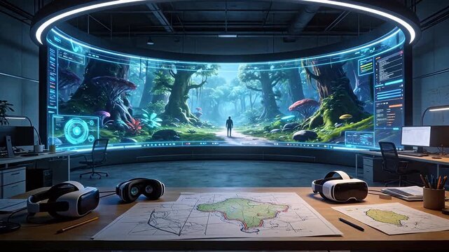 Futuristic office with virtual forest display