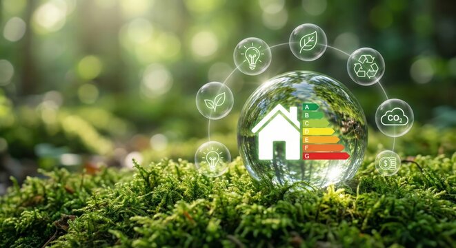 Glass globe on green moss with energy efficiency rating and smart home icons in forest