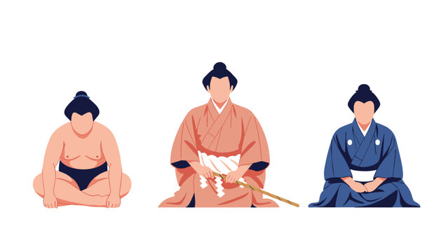 Set of three faceless, flat design illustrations showing Japanese men in traditional roles: a sumo wrestler, a referee, and a nobleman.