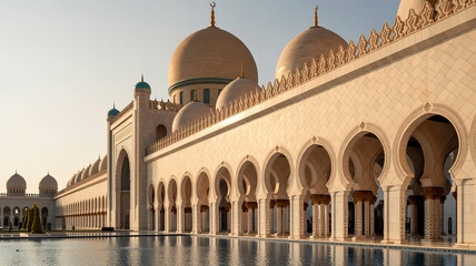 Mosque inspired architecture exterior elegant curved arcade with white marble dome, arch colonnade, and reflecting pool at golden hour, serene travel landmark