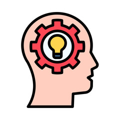A human head silhouette with a red gear and a yellow lightbulb inside, representing ideas and thinking.
