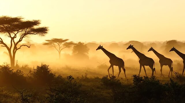 A dramatic silhouette shot captures a majestic line of giraffes walking past an acacia tree in the misty golden light of the african savanna.
