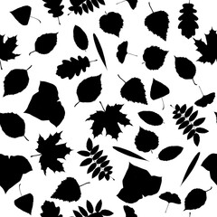 Black and white seamless pattern with different shapes of leaves
