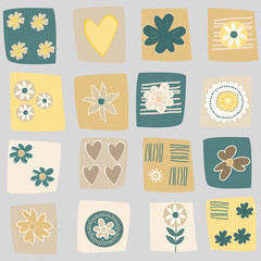 Handmade style floral illustration arranged in a colorful square grid.eps
