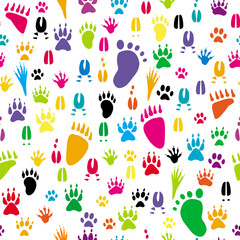 Various colorful common animal paw print silhouettes, seamless pattern.eps