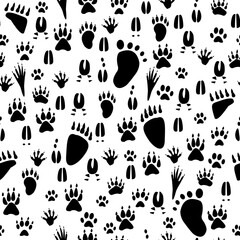 Various common animal paw print silhouettes, seamless pattern.eps