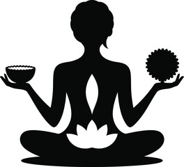 Meditating Woman Holding Bowl and Flower Lotus