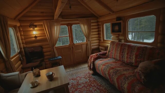 A warmly lit, rustic log cabin interior with wooden walls and ceiling. Cozy seating, table with mugs, and windows offer a glimpse of nature