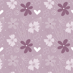 Obraz premium Cute Purple Flower and Heart Seamless Design