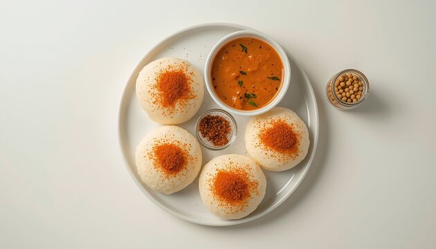 South Indian Idli with Spicy Chutney Powder and Sambar on White Plate &ndash; Traditional Breakfast Flat Lay