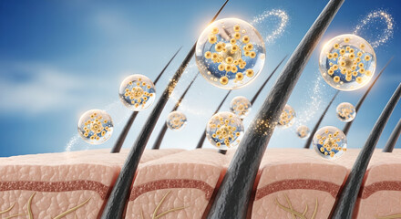Microscopic view of hair follicle with nourishing serum droplets and healthy scalp cells, promoting hair growth and strength.