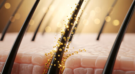 Golden serum droplets infusing into hair follicles embedded in healthy skin, symbolizing deep nourishment and hair vitality.