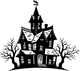 Fototapeta premium Creepy silhouette of a haunted mansion with gnarled trees, perfect for a mysterious and spooky Halloween design