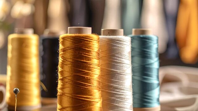 Close-up of colorful spools of thread arranged on a wooden surface, sewing concept.