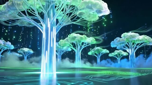 Cinematic 3D animation of a futuristic forest with glowing trees and ground circuitry, symbolizing the harmony between nature, technology, and sustainable digital innovation.