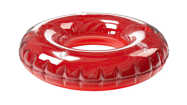 transparent red inflatable swim ring isolated on white background glossy plastic pool float summer beach accessory 