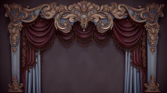 Ornate curtains frame a dark space, showcasing detailed drapery and architectural elements in gold, red and blue hues. The elaborate design